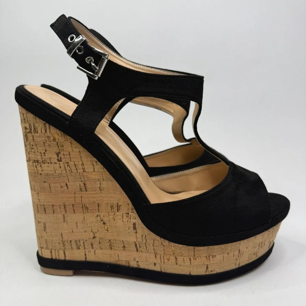 IDIFU IN5 Polly Wedges Womens 9 Black Nubuck Cork Platform T-Strap Sandals
